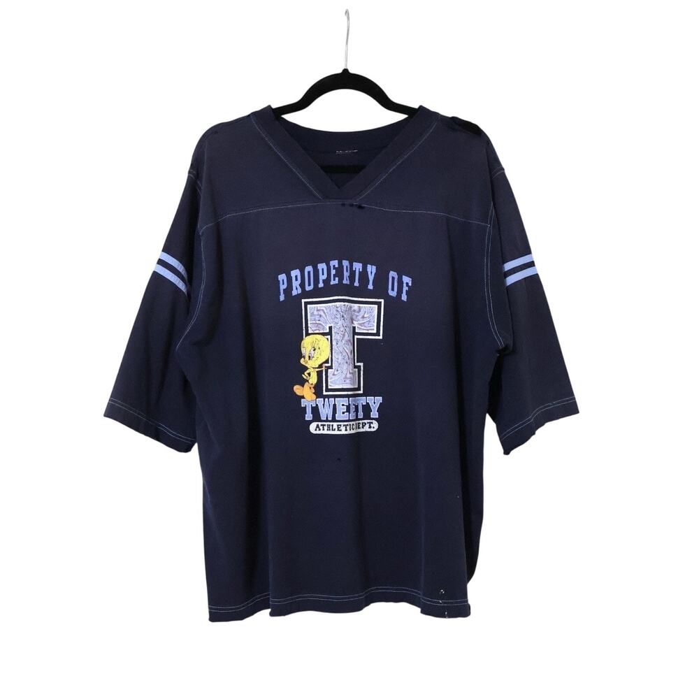 Vintage Looney Tunes Tweety Athletic Dept V Neck Navy Jersey Shirt 2X Sporty